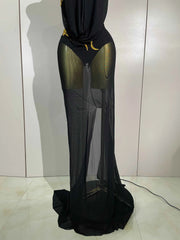 Elegance Sparkly Rhinestone Stretch Bodysuits Long Mesh Dress 2026 New Women Birthday Party Nightclub Bar Dj Sexy Stage Costume