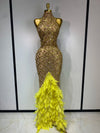 Sexy rhinestone feather mesh long dress with turtleneck and sleeveless design – Serena style.