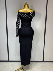 Coleen Sexy Off-shoulder Diamonds Black Maxi Long Bandage Dress