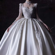 Scoop Neck Full Sleeves Satin Wedding Dress