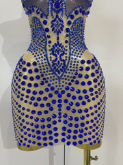 Sparkly blue rhinestone mesh mini dress – sexy see-through women’s bodycon outfit for nightclub, birthday, and stage events.
