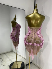 Joys pink rhinestone flower pearl tassel mini dress for women. Fairy-style party outfit for birthdays, nightlife, and clubwear.
