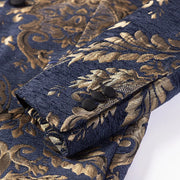 Men’s blue and gold floral jacquard tuxedo with shawl lapel and matching pants for formal or wedding wear