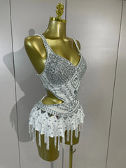 Madelle silver rhinestone tassel bodysuit dress for women. Sexy performance outfit for nightlife, stage wear, and parties.