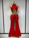 Stand out in the Meghan red rhinestone cut-out bandage pants set. Sexy two-piece outfit for birthdays, parties, clubs, and special occasions.