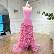 2025 Mermaid Evening Prom Dress Pink Flowers Strapless Side Slit