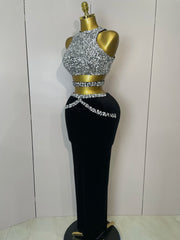 sparkly rhinestone velvet two-piece set with crop top and skirt, perfect for birthdays, nightclub, stage, and elegant parties.