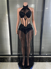 Envious Designs Solana crystal halter sheer mesh sequin tassel dress for birthday and nightclub party styling