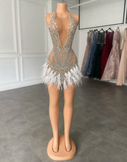 Gorgeous Halter Sleeveless Luxury Beaded Silver Crystals White Feather Cocktail Dresses Birthday Party Gowns