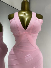 Raelynn Baby Pink Fringed Bandage Bodycon Dress V-Neck