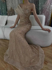 Champagne Radiance Crystal Mermaid Gown With Architectural Satin Drapery And Starburst Bodice