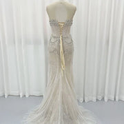 Luxury Crystal Pearls White Nude Mermaid Prom Evening Dress