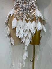 Elegant Pearl Dress Sexy Transparent Mesh Maxi Long Dresses Women Evening Party Wedding Gown Red Carpet Celebrity Stage Outfit