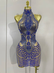 Sparkly blue rhinestone mesh mini dress – sexy see-through women’s bodycon outfit for nightclub, birthday, and stage events.