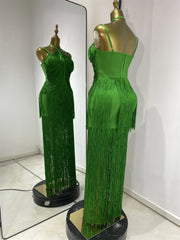 Keilahni green fringed sleeveless bandage bodycon dress for party and nightclub styling