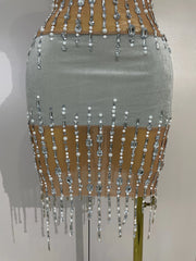 Leilani strapless sheer mesh mini dress with sparkling rhinestones and pearl chain embellishments