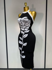 Envious Designs Nina sexy backless rose flower midi black jacquard bandage dress for evening and cocktail party styling