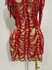 Sexy Fashion Short Dress Mesh Designer Rhinestones Chain Stage Costume 2025 Women Nightclub Celebrate Party Performance Outfit