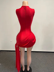 Sexy Sheer Red Beaded Mini Dress with Train