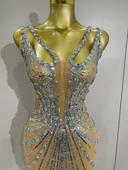 Envious Designs Ara luxury sparkly silver rhinestone sexy mesh see-through long dress for evening gala styling
