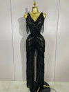 Nia sparkly black rhinestones sequined fringe jumpsuit for women – sexy stage, birthday, and nightclub performance outfit.