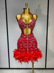 Women Sexy Halter Crystal Feathers Bodycon Mini Dress Nightclub Performance Stage Outfit Luxury Birthday Photo Shoot Dress