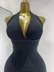 La'Nyah elegant black halter V-neck backless ruffle bodycon long dress for evening party and cocktail styling