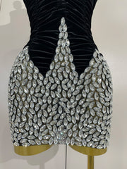 Tamar black velvet short dress with sparkly diamonds and mesh overlay for women’s evening, birthday, or stage events.