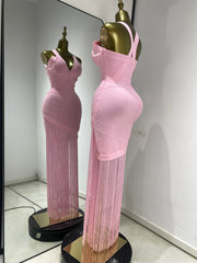 Raelynn Baby Pink Fringed Bandage Bodycon Dress V-Neck