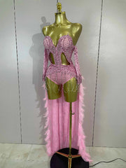 Luxury Sparkly Rhinestones Chain Feathers Bodysuits Long Tail Dress Sexy Mesh Sheer Stage Evening Party Celebrate Birthday Dress