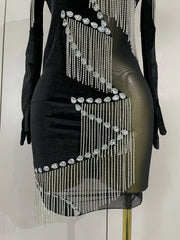 Angela sexy sparkly diamond chain velour patchwork mesh mini dress