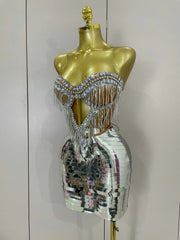 Angelique sparkling rhinestone tassel strapless two-piece birthday outfit for women party night out