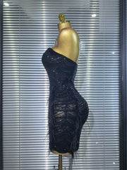 Amara sequin feather strapless bodycon mini dress for nightclub and birthday party styling