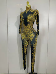 Minchie luxury sparkly diamonds print long sleeve stretch jumpsuit for women party night out