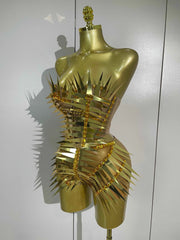 Women Sexy Evening Party Birthday Nightclub Stage Costume Luxury Sparkly Gold Diamonds Sequins Crop Top Shorts Two Pieces Set