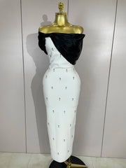 Samantha elegant sexy off shoulder ruched beaded patchwork bodycon long bandage dress for women party evening