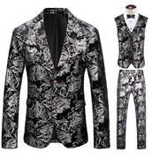 Luxury men’s 3-piece floral print suit with blazer, vest, and trousers for formal or wedding wear