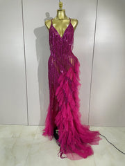 Gabrielle rhinestone fringe backless sheer maxi dress with sparkling crystals and elegant see-through design.