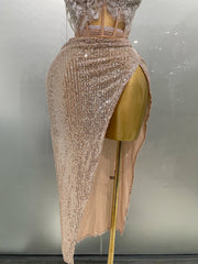 Mannequin Wearing a Sparkly Rhinestone Sequins Two Pieces Birthday Dress with Crystal Embellishments and a Bodycon Fit, Styled for Luxe Celebrations