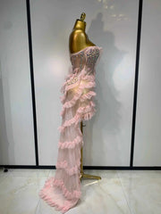 Shannon Sexy Strapless Pink Diamonds Ruffled Mesh See Through Birthday Dress