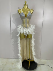 Gabrielle luxury rhinestone feather mesh long tail bodysuit for women, perfect for stage and nightclub performances.