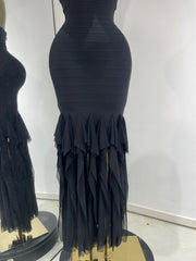 La'Nyah elegant black halter V-neck backless ruffle bodycon long dress for evening party and cocktail styling