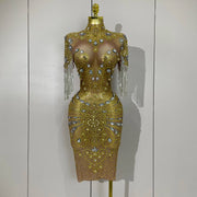 Kamryn luxury diamond tassel mesh see-through dress for women’s evening, birthday, or stage performances.