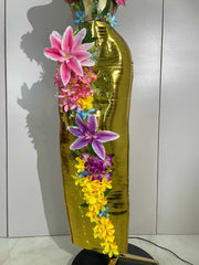 Women Elegant 3D Flower Golden Mesh Top Bodycon Long Dress Two-Piece Set Evening Party Luxury Birthday Club Bar Stage Costumes