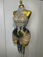 Laine crystal beaded mesh backless mini dress for women. Sexy sparkly outfit for birthdays, prom, and evening parties.