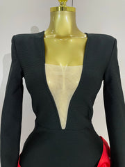 Sexy black and red mesh long sleeve bandage mini dress – women’s bodycon evening birthday party gown