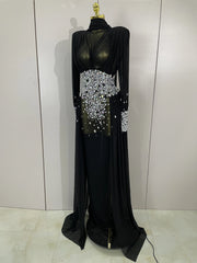 Alie elegant sparkly diamond long sleeve mesh see-through maxi abaya party dress