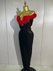 Astrid red off-shoulder bandage maxi dress featuring dimensional 3D floral embellishments and a fitted bodycon silhouette