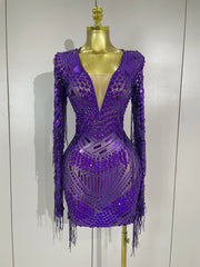 Candice sparkling diamond sequin tassel long sleeve sheer mesh mini dress for women party night out