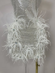 Simone sparkling diamond feather halter sequin mini dress for nightclub and birthday styling